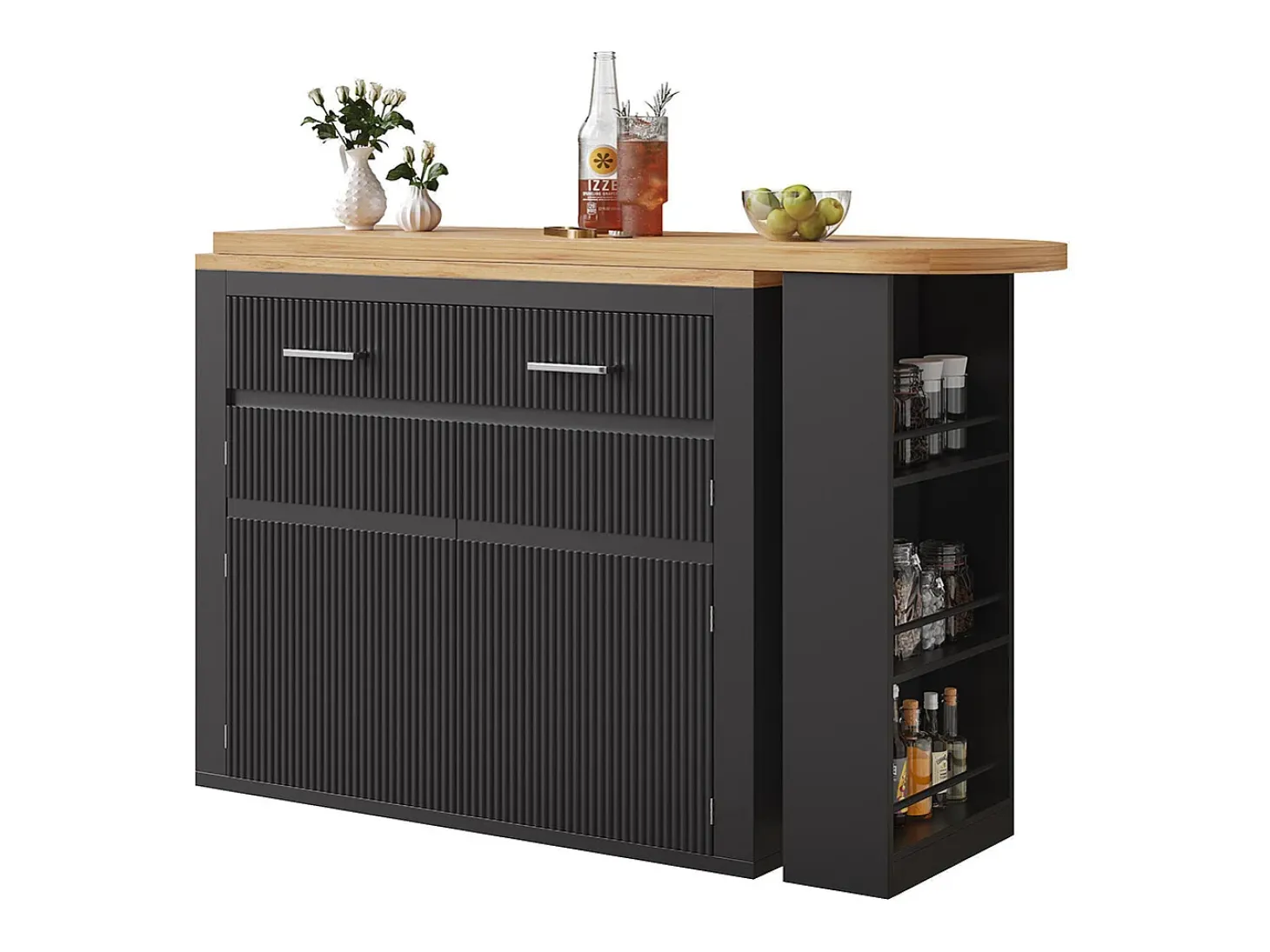 Mesa de bar extensible con espacio de almacenamiento, moderna y desmontable, con un cajón y dos estantes, mesa de comedor para isla de cocina, negra