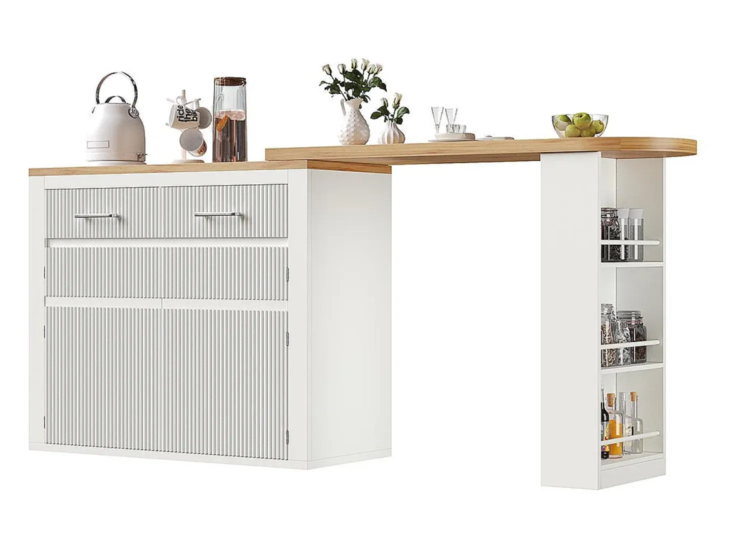 Mesa de bar extensible con espacio de almacenamiento, moderna, móvil, mesa de bar extensible con un cajón y dos estantes, blanca