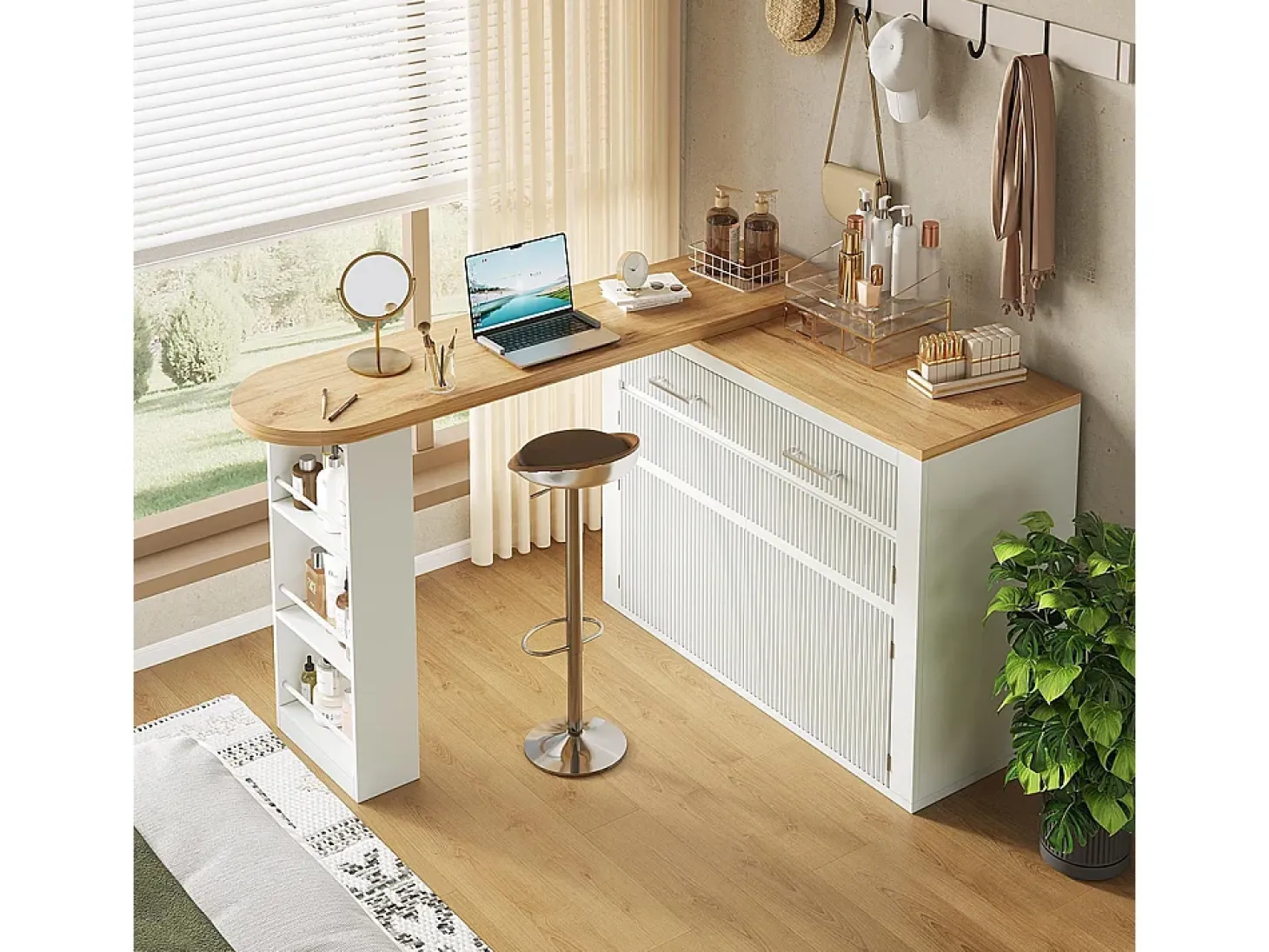 Mesa de bar extensible con espacio de almacenamiento, moderna, móvil, mesa de bar extensible con un cajón y dos estantes, blanca