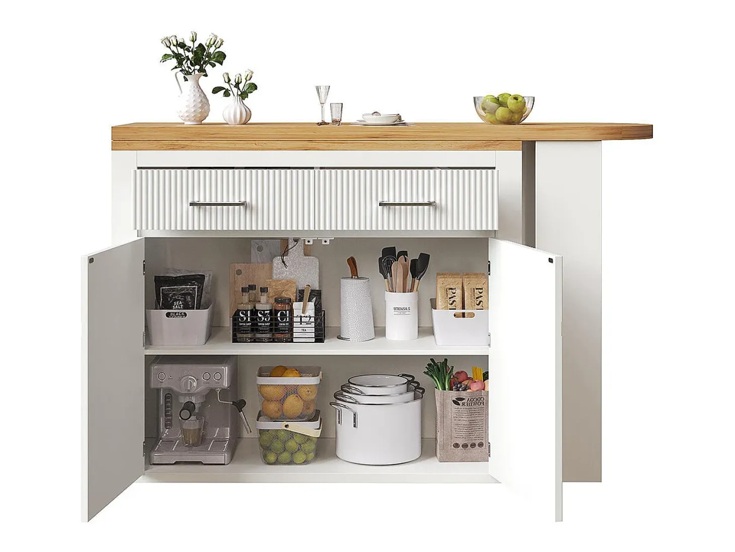 Mesa de bar extensible con espacio de almacenamiento, moderna, móvil, mesa de bar extensible con un cajón y dos estantes, blanca