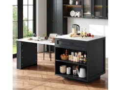 Mesa de bar extensible con almacenaje - 133-202 x 70 x 93,5 cm - con 2 cajones + 4 compartimentos - MDF - negra