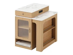 Mesa de bar extensible con tablero desmontable - 80 x 71/111/151 x 92 cm - con puerta + cajón - MDF + cristal - natural