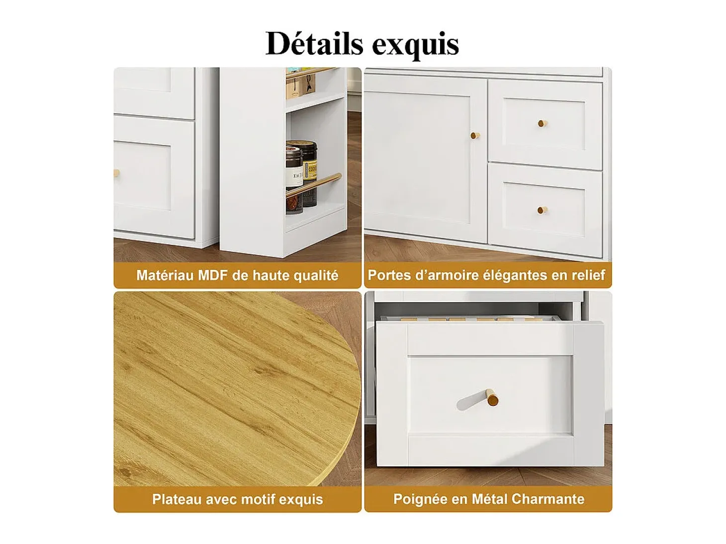Mesa de Bar extensible giratoria - con 2 puertas, 2 cajones y 3 nichos - MDF - 138/204×39×105cm - Blanco