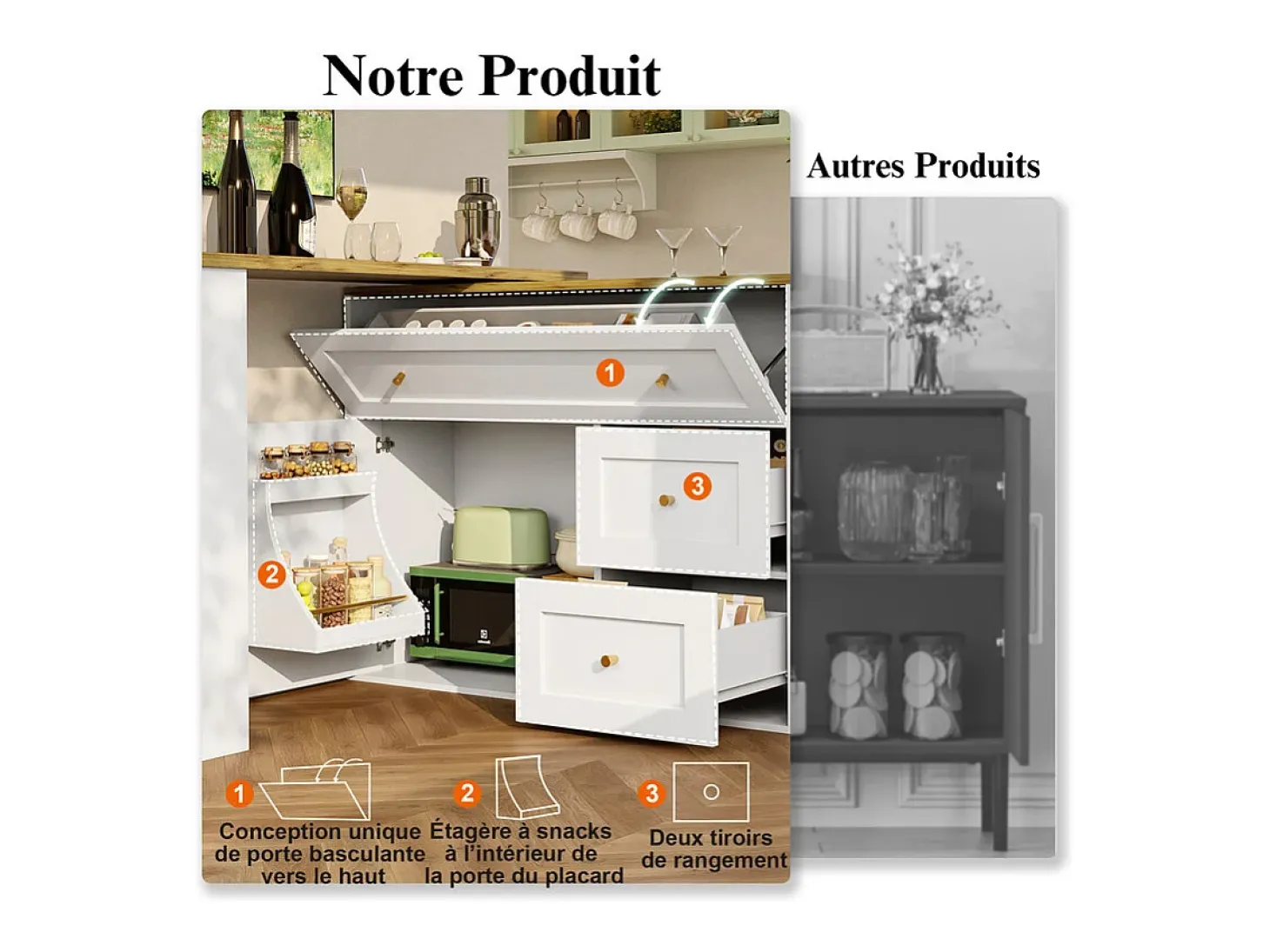 Mesa de Bar extensible giratoria - con 2 puertas, 2 cajones y 3 nichos - MDF - 138/204×39×105cm - Blanco