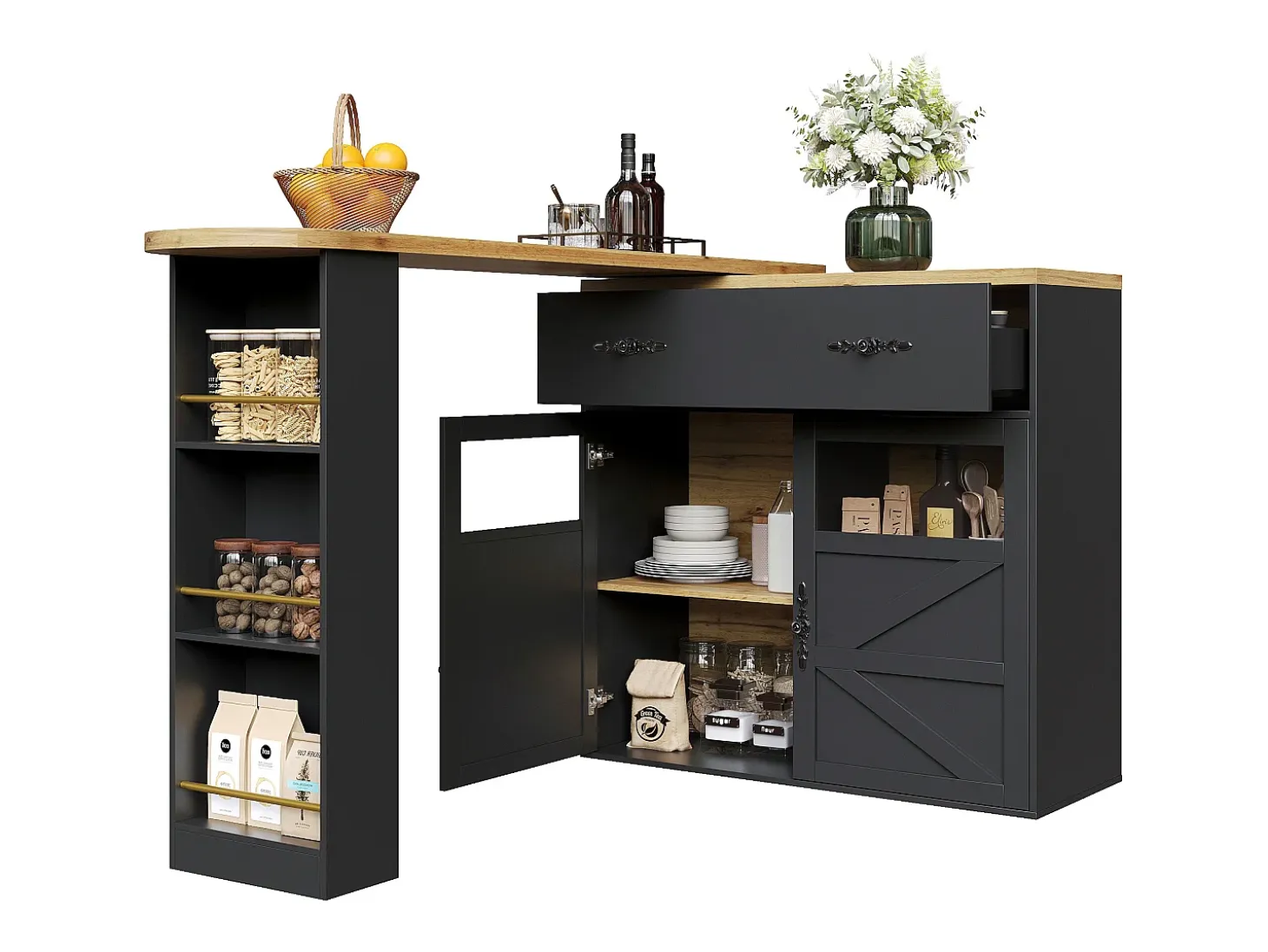 Mesa de bar extensible, giratoria 360°, espacio de almacenamiento, MDF, negra (138-204x39x104 cm)