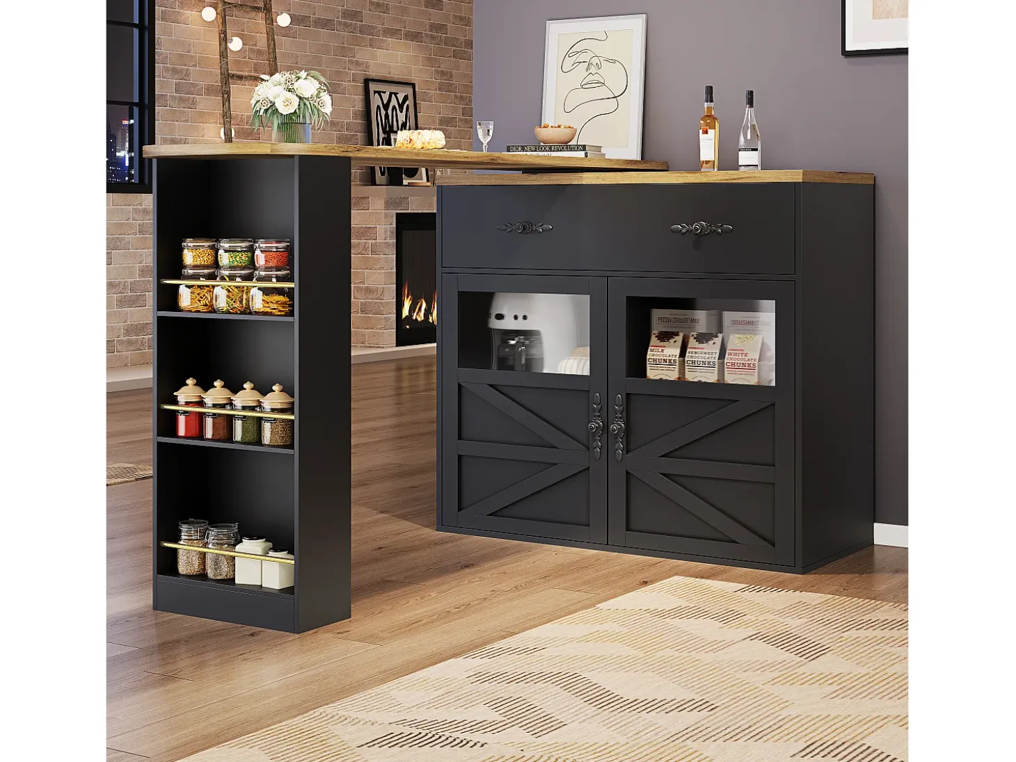 Mesa de bar extensible, giratoria 360°, espacio de almacenamiento, MDF, negra (138-204x39x104 cm)