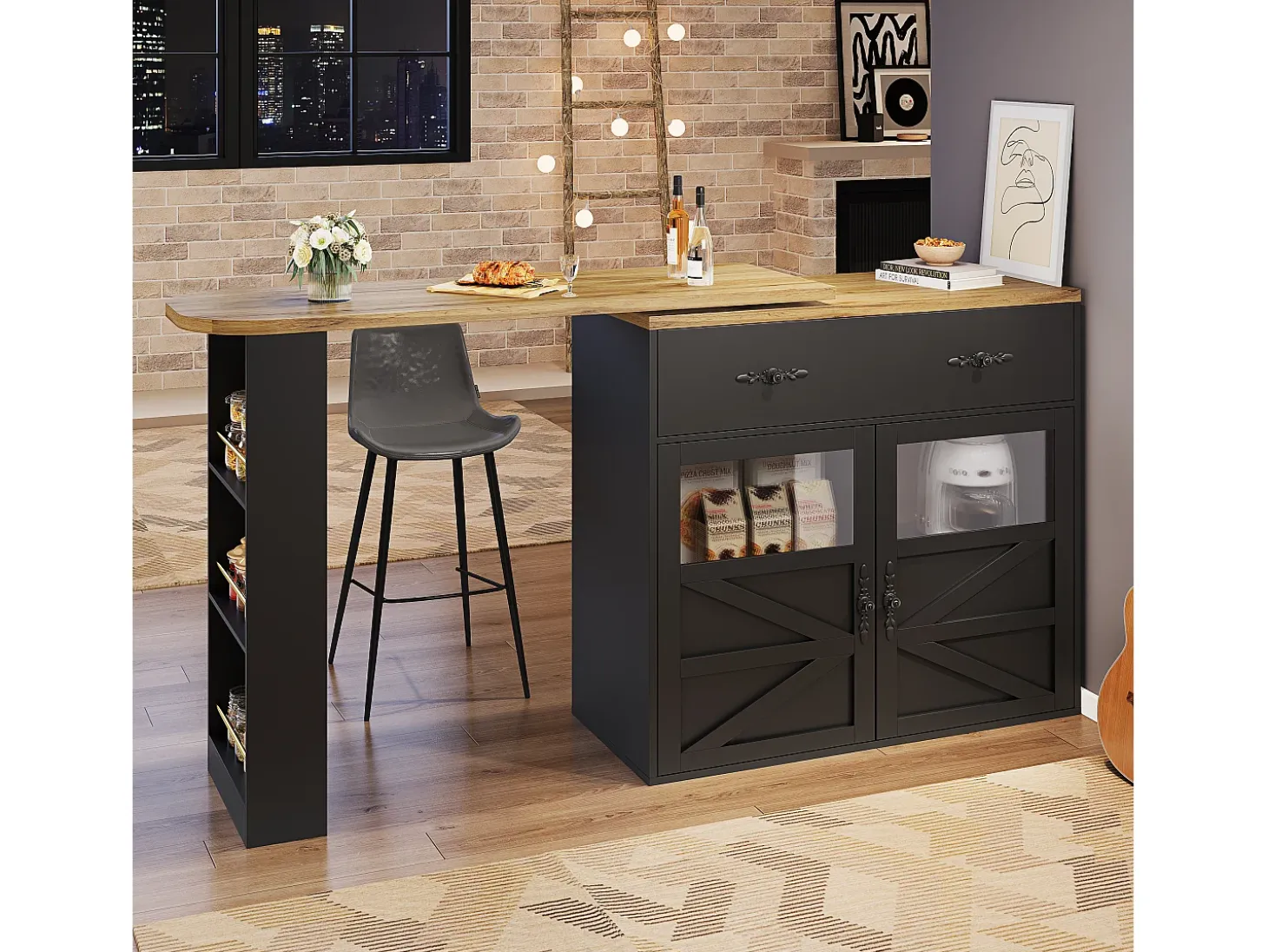 Mesa de bar extensible, giratoria 360°, espacio de almacenamiento, MDF, negra (138-204x39x104 cm)