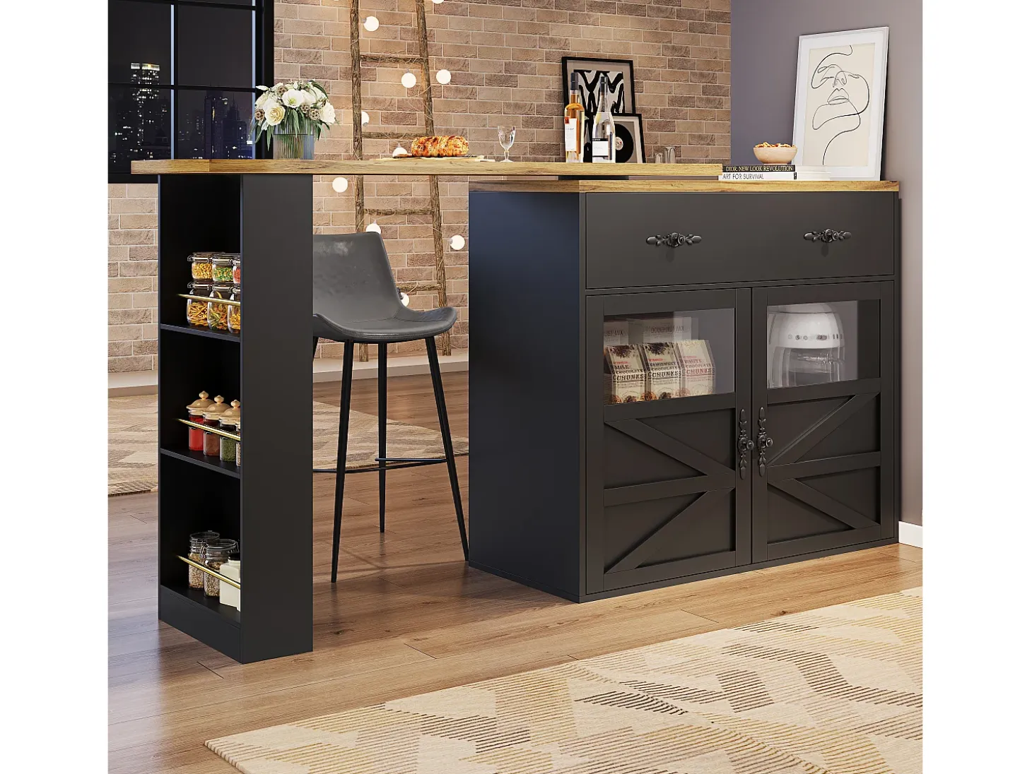 Mesa de bar extensible, giratoria 360°, espacio de almacenamiento, MDF, negra (138-204x39x104 cm)