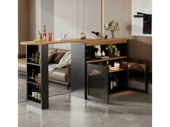 Mesa de bar extensible moderna con espacio de almacenamiento, giratoria, para comedor, con tira de luz LED de 1 m, color negro