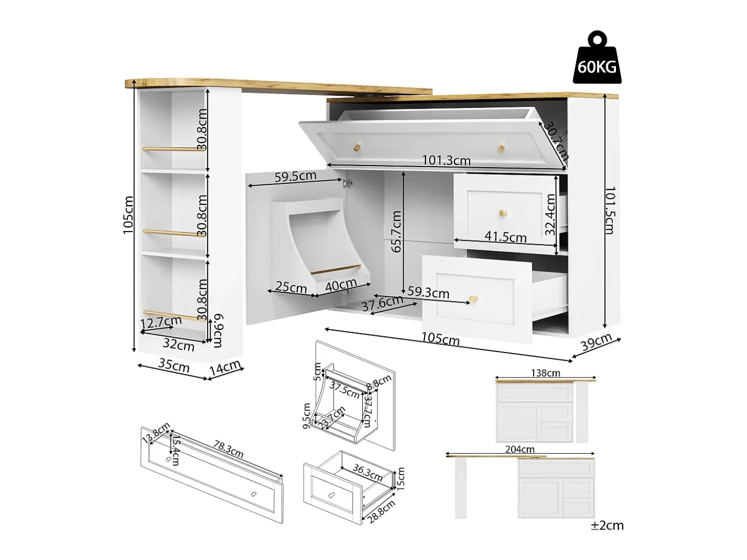 Mesa de bar giratoria con 1 puerta y 2 cajones, espacio de almacenamiento tipo buffet con tablero extensible (138-204)×39×105 cm - blanco