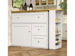 Mesa de bar giratoria con 1 puerta y 2 cajones, espacio de almacenamiento tipo buffet con tablero extensible (138-204)×39×105 cm - blanco