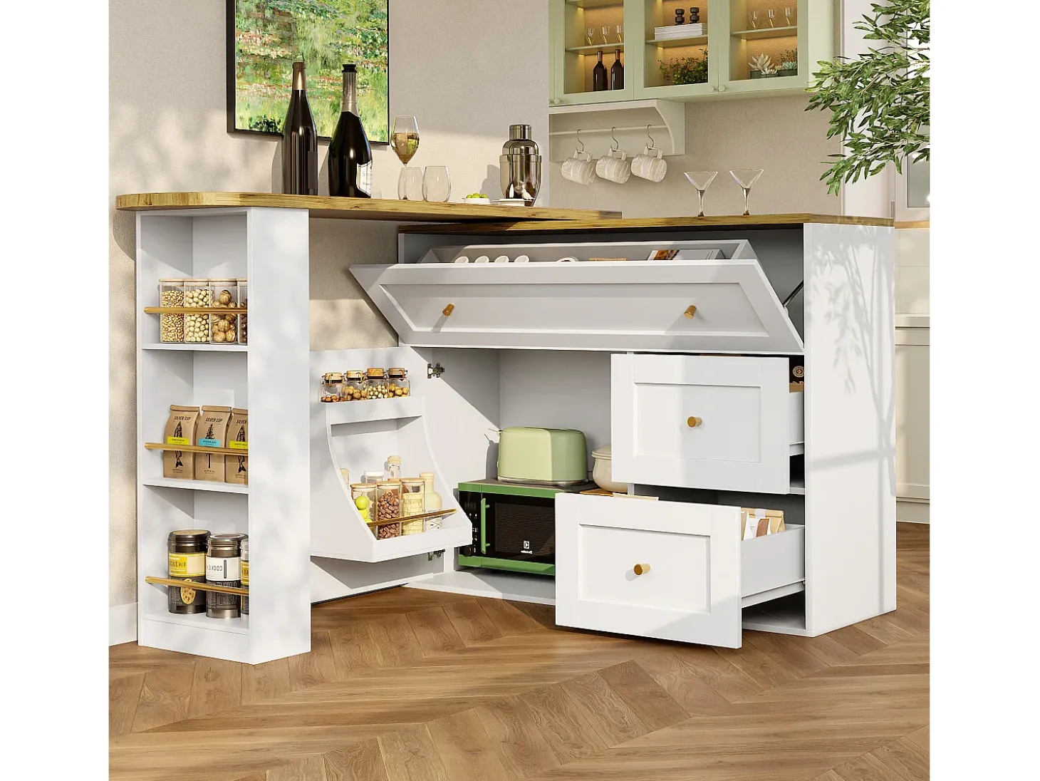 Mesa de bar giratoria con 1 puerta y 2 cajones, espacio de almacenamiento tipo buffet con tablero extensible (138-204)×39×105 cm - blanco