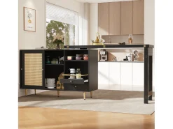 Mesa de bar giratoria con puerta de ratán y estante abierto - Mesa de comedor de madera - Negra - 107x40x71,4 cm