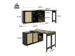 Mesa de bar giratoria con puerta de ratán y estante abierto - Mesa de comedor de madera - Negra - 107x40x71,4 cm
