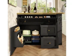 Mesa de bar giratoria con 1 puerta y 2 cajones, espacio de almacenamiento tipo buffet con tablero extensible (138-204)×39×105 cm - negro