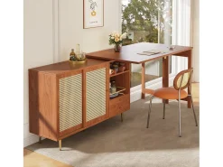 Mesa de bar giratoria con puerta de ratán y estante abierto - Mesa de comedor de madera - Marrón - 107 x 40 x 71,4 cm