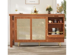 Mesa de bar giratoria con puerta de ratán y estante abierto - Mesa de comedor de madera - Marrón - 107 x 40 x 71,4 cm
