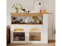 Mesa de bar giratoria de madera con espacio de almacenamiento - Luz LED ajustable - Blanco - 138/193 x 39 x 105 cm