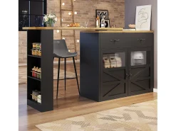 Mesa de bar giratoria de madera con 2 puertas y 1 cajón, con tablero extensible - (138-204) x 39 x 104 cm - color negro