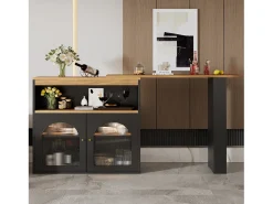 Mesa de bar giratoria de madera con espacio de almacenamiento - Luz LED ajustable - Negra - 138/193 x 39 x 105 cm