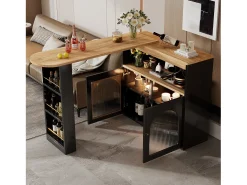 Mesa de bar giratoria de madera con espacio de almacenamiento - Luz LED ajustable - Negra - 138/193 x 39 x 105 cm