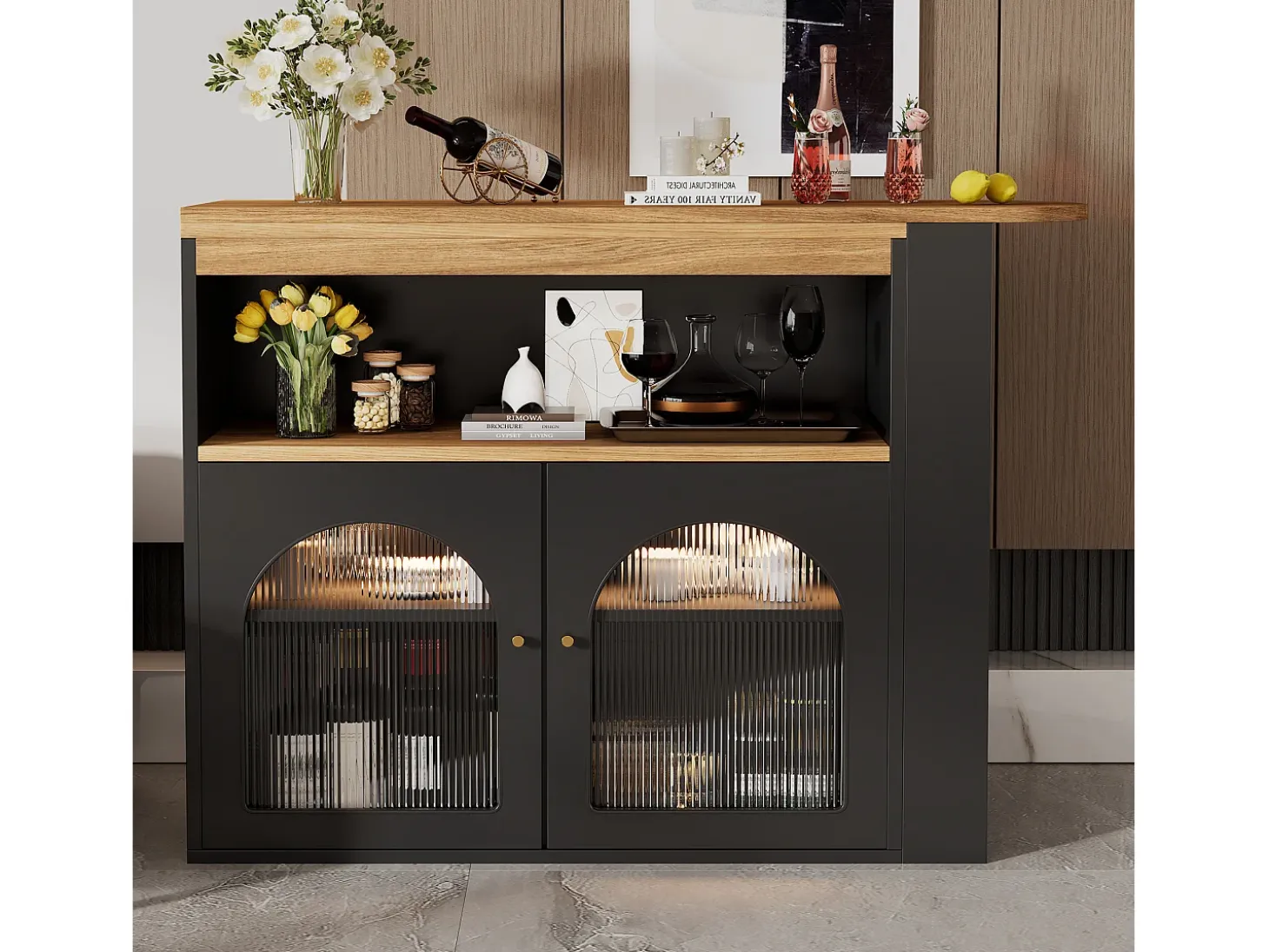 Mesa de bar giratoria de madera con espacio de almacenamiento - Luz LED ajustable - Negra - 138/193 x 39 x 105 cm