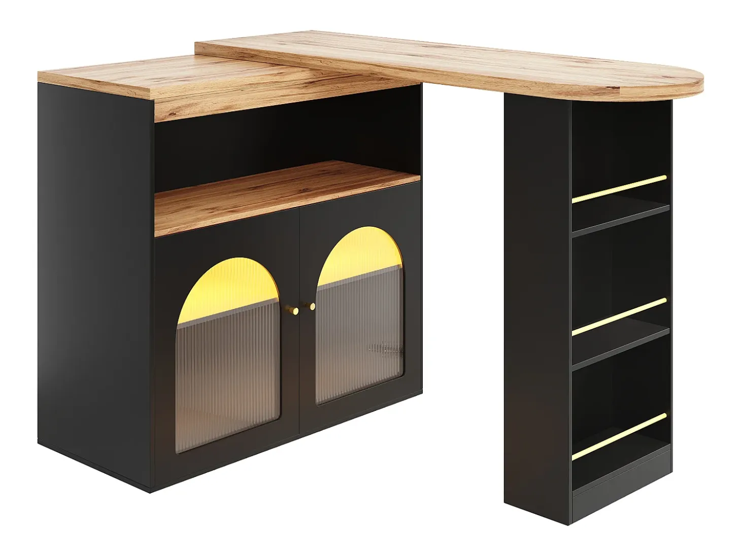 Mesa de bar giratoria de madera con espacio de almacenamiento - Luz LED ajustable - Negra - 138/193 x 39 x 105 cm
