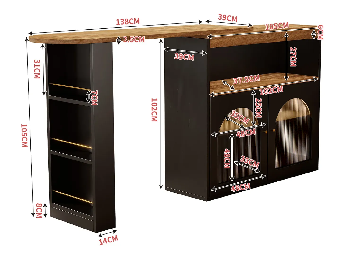 Mesa de bar giratoria de madera con espacio de almacenamiento - Luz LED ajustable - Negra - 138/193 x 39 x 105 cm