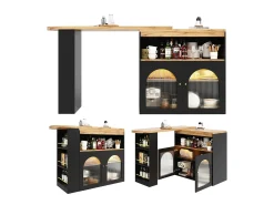 Mesa de bar giratoria de madera con espacio de almacenamiento - Luz LED ajustable - Negra - 138/193 x 39 x 105 cm