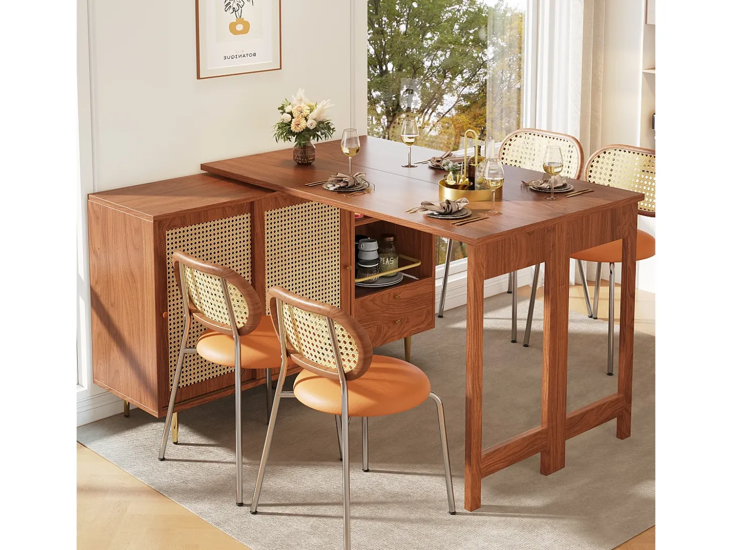 Mesa de bar giratoria de 360°, diseño extensible, MDF + metal, color negro y natural (140 × 80 × 76 cm)