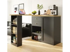 Mesa de bar giratoria de madera con 1 puerta y 2 cajones, isla de cocina con almacenaje, 138 x 39 x 102 cm, color negro