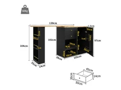 Mesa de bar giratoria de madera con 1 puerta y 2 cajones, isla de cocina con almacenaje, 138 x 39 x 102 cm, color negro