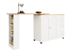 Mesa de bar giratoria móvil 2 puertas y 3 cajones Isla de cocina con tablero extensible (135-203)x39x106 cm - blanco