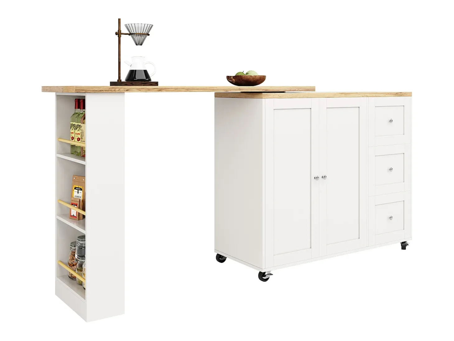 Mesa de bar giratoria móvil 2 puertas y 3 cajones Isla de cocina con tablero extensible (135-203)x39x106 cm - blanco