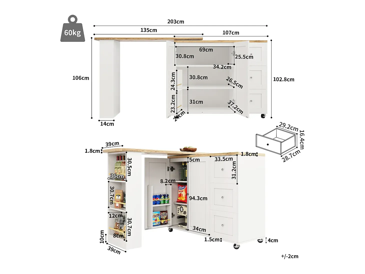 Mesa de bar giratoria móvil 2 puertas y 3 cajones Isla de cocina con tablero extensible (135-203)x39x106 cm - blanco