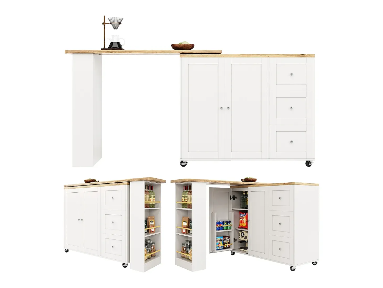 Mesa de bar giratoria móvil 2 puertas y 3 cajones Isla de cocina con tablero extensible (135-203)x39x106 cm - blanco