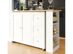Mesa de bar giratoria móvil 2 puertas y 3 cajones Isla de cocina con tablero extensible (135-203)x39x106 cm - blanco