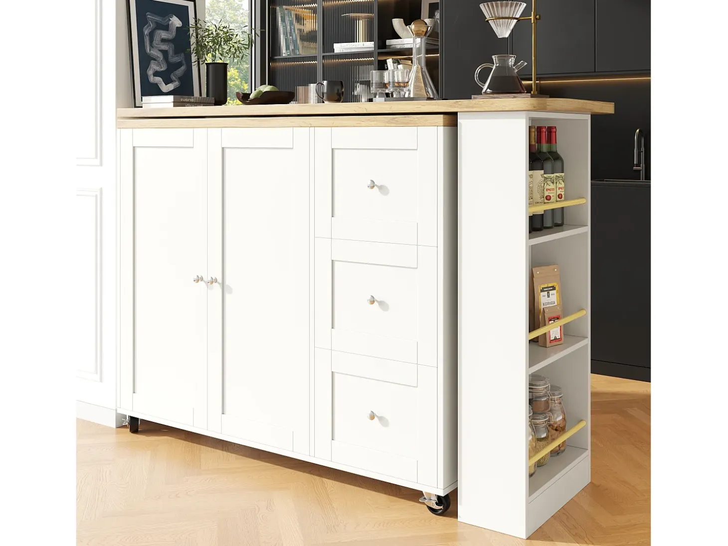 Mesa de bar giratoria móvil 2 puertas y 3 cajones Isla de cocina con tablero extensible (135-203)x39x106 cm - blanco