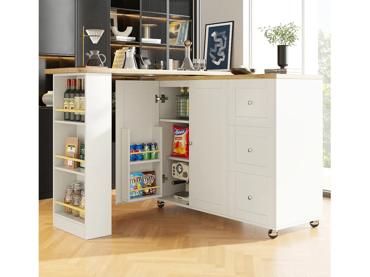 Mesa de bar giratoria móvil 2 puertas y 3 cajones Isla de cocina con tablero extensible (135-203)x39x106 cm - blanco