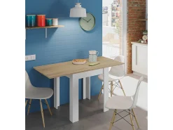 Mesa de Cocina Extensible con Acabado en Color Blanco Artik y Roble Canadian - Dim: 67-134 cm (Ancho) x 67 cm (Fondo) x 79 cm (Alto)