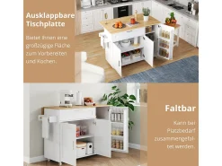 Mesa de cocina móvil plegable de roble, 132,5 x 44 x 90 cm, mueble multifunción, 5 ruedas