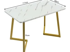 Mesa de comedor - tapa efecto mármol - patas de metal dorado - 117x68cm - Blanco y Dorado