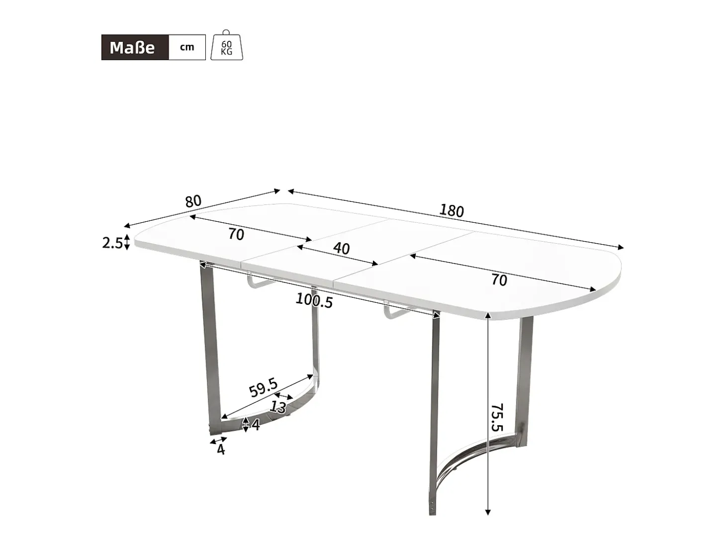 Mesa de comedor blanca - Mesa de comedor retráctil con patas plateadas - para comedor y sala de estar