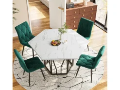 Mesa de comedor blanca - Mesa de comedor con tablero hexagonal y estructura de metal negro - para comedor y sala de estar