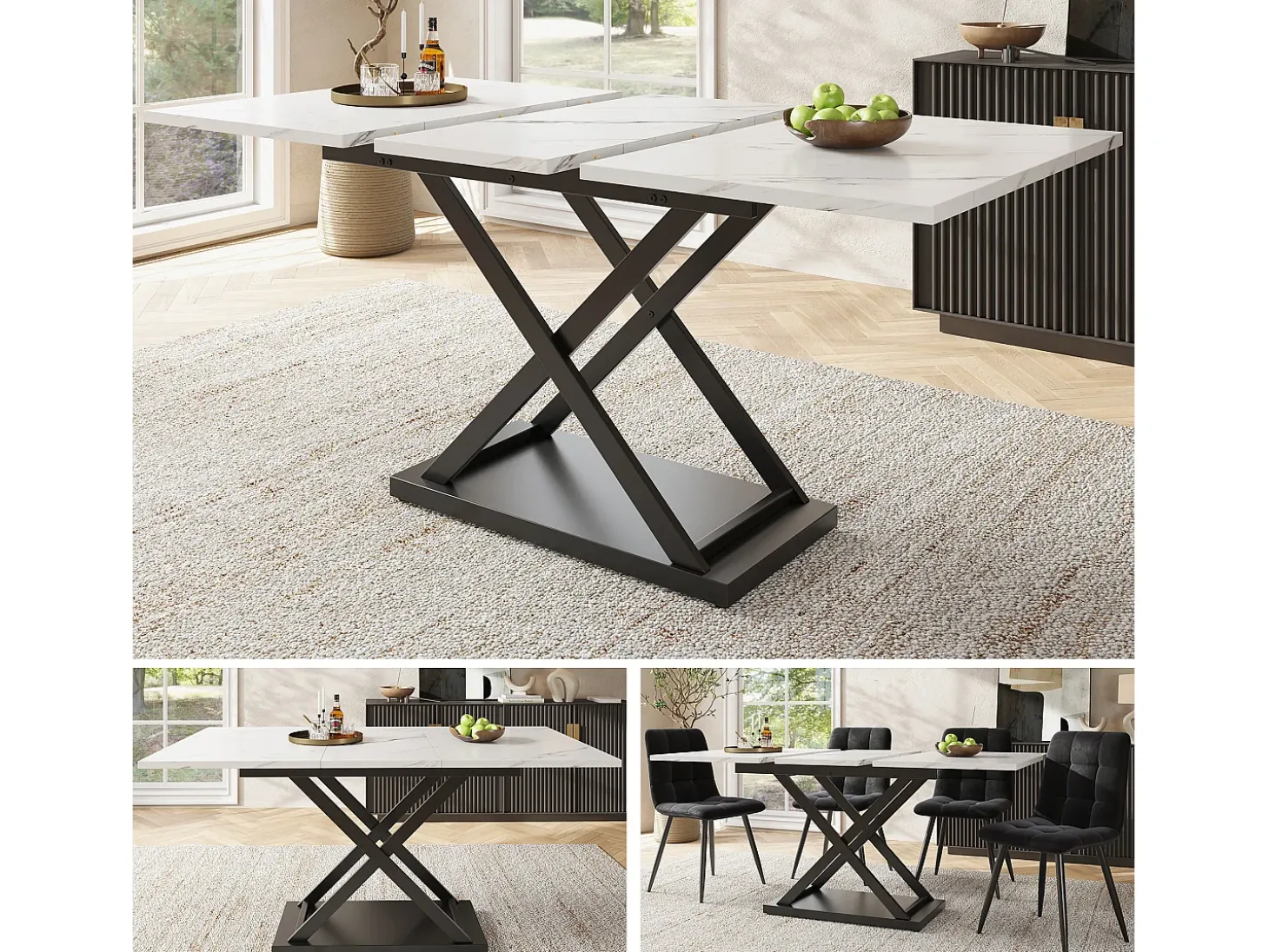 Mesa de comedor blanca - Mesa de comedor extensible con patas de hierro negro - para cocina y sala de estar
