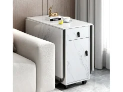 Mesa de comedor blanca con ruedas - Mesa de comedor plegable con 2 cajones y 2 puertas - 4 patas negras