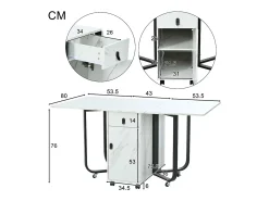Mesa de comedor blanca con ruedas - Mesa de comedor plegable con 2 cajones y 2 puertas - 4 patas negras