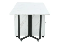 Mesa de comedor blanca con ruedas - Mesa de comedor plegable con 2 cajones y 2 puertas - 4 patas negras