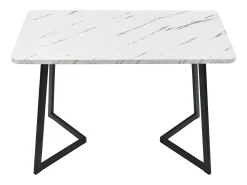 Mesa de comedor chapada efecto mármol blanco, 4-6 plazas, 117x68cm, fabricada en MDF, patas de metal negro.