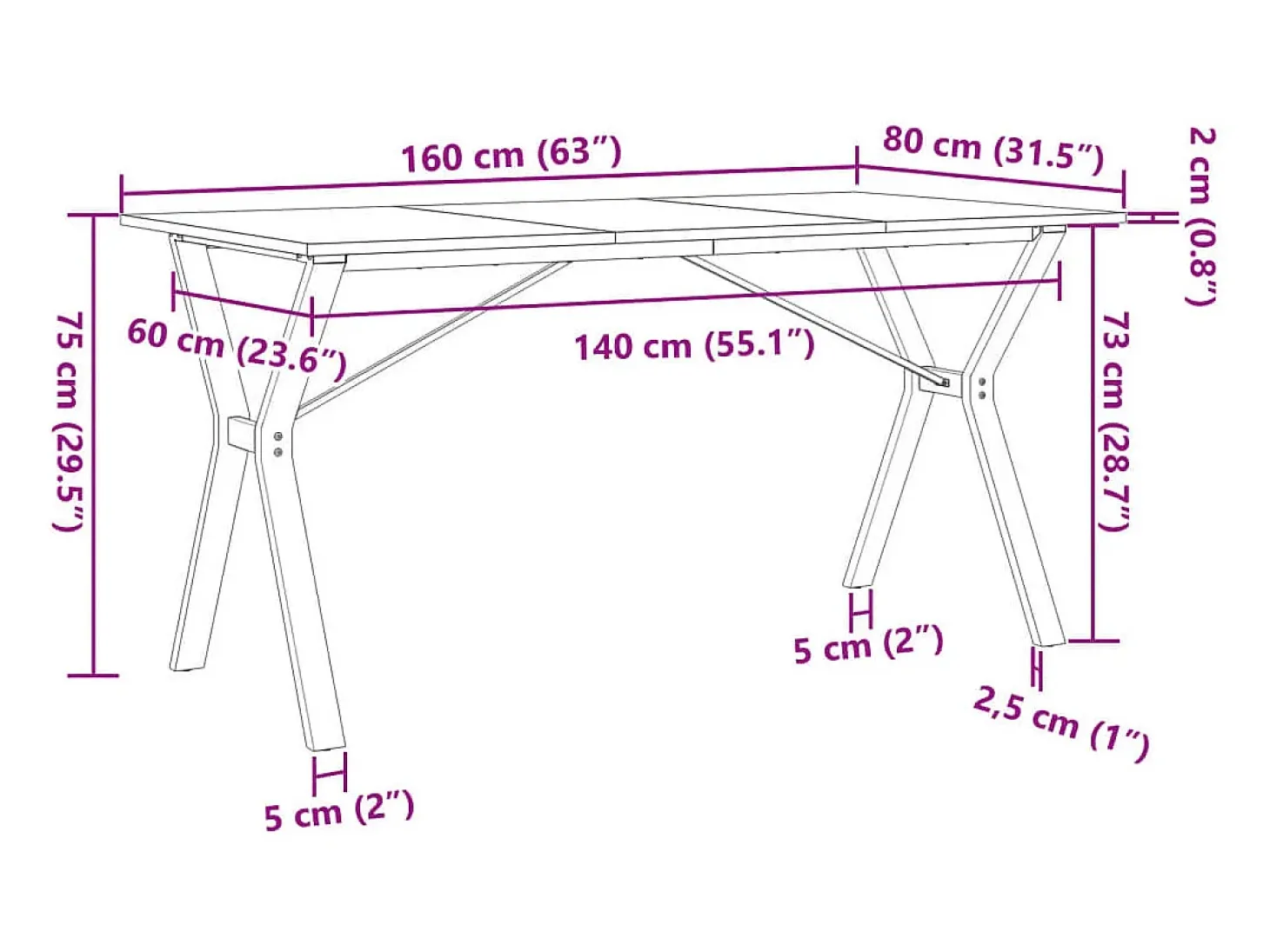 Mesa de comedor con estructura en Y 160x80x75 cm madera maciza de pino acero